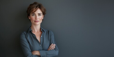 A confident businesswoman stands with her arms crossed against a dark gray background, looking directly at the camera in front of an empty space for copy text or product display