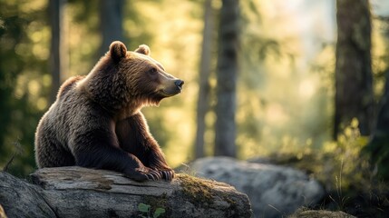 Fototapeta premium Dreamy shot of a brown bear sitting on a log, surrounded by the stillness of the forest. Copy space available for text or design.