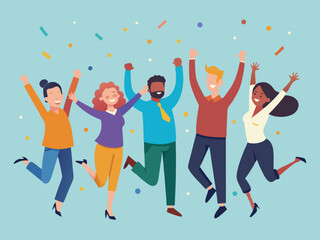 Silhouette of happy people jumping together at a party