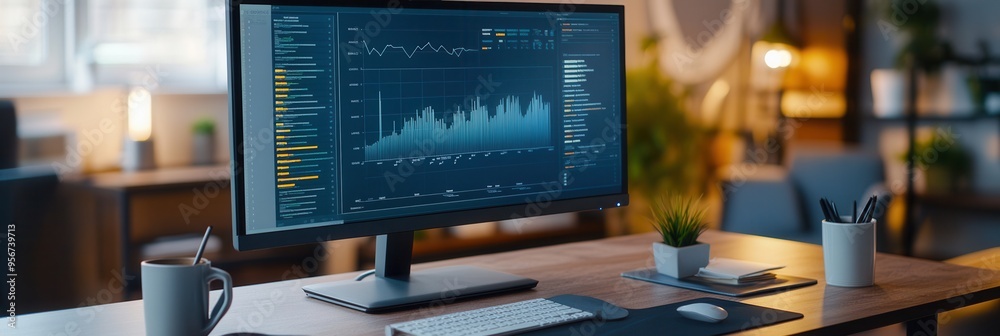 Aufkleber an expert analyzes complex data on a large monitor while writing, occupying a clean, organized desk 