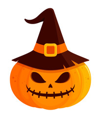 Jack-o'-lantern pumpkin with mischievous carved face wearing a witch's hat, unlit. Flat vector illustration isolated on white background. Halloween decoration concept. Perfect for spooky designs