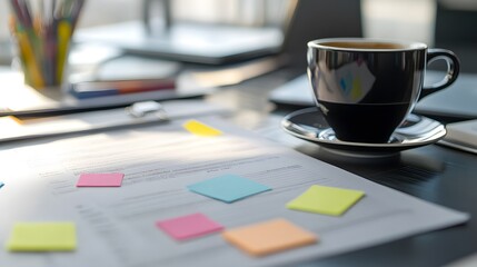 Business plan template on a desk with sticky notes and coffee, planning session