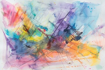 Fototapeta premium bright Abstract watercolor drawing on a paper image, camera angled slightly above the paper, emphasizing the texture of the watercolor