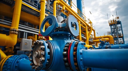 A large industrial plant with a yellow and orange color scheme. Concept of industrialization and efficiency