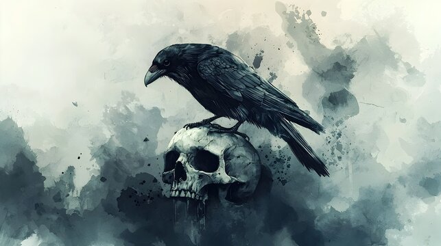 Ominous Raven Perched on Skull in Watercolor Clouds