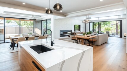 Open-concept living space in a luxury apartment with a blend of the kitchen, dining, and living areas, offering a seamless flow and a modern, elegant design