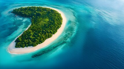 Obraz premium An expansive aerial shot of a crescent-shaped island surrounded by turquoise waters, with a long, white sandy beach stretching along the shoreline.