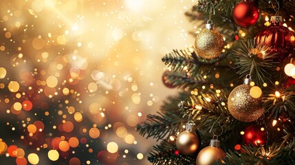 Joyful christmas holidays banner with a decorated tree and twinkling lights on a bokeh background