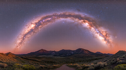 A panoramic image captures the Milky Way arching over rugged mountains under a starlit sky at dusk, creating a breathtaking view.