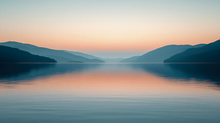 Fototapeta premium Calm lake reflecting the gentle gradient of a pastel dusk sky, set against silhouetted mountains, creating a peaceful scene.