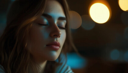 Fototapeta premium A young woman sits with her eyes closed 