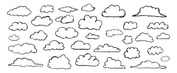 Set of crayon abstract clouds. Hand drawn cartoon overcast sky. Vector illustration of collection of black eddy on white background. Imitation of children drawing with pencils contour design element.