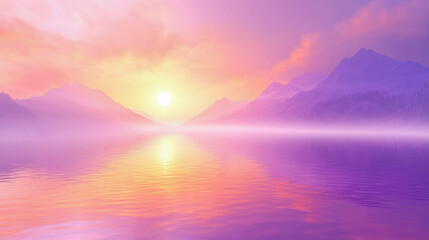 Scenic landscape of a mountain lake at sunrise with pastel colors, capturing the beauty and tranquility of nature.