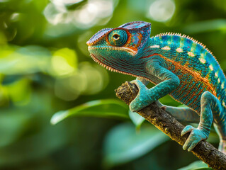 A colorful chameleon is perched on a branch
