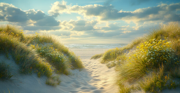 A sandy pathway winds through grassy dunes leading towards a calm ocean under a sky adorned with fluffy clouds.