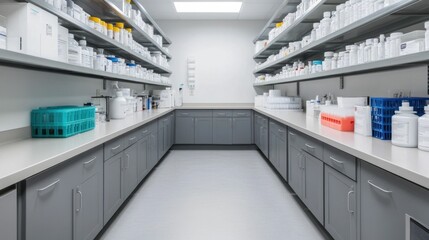 Meticulously Organized Laboratory Setting with Shelves Displaying an Array of Reagents Glassware and Other Scientific Supplies for Research Testing and Experimentation