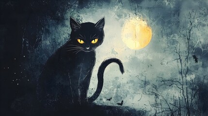 Eerie Black Cat with Glowing Eyes on Spooky Halloween Night in Watercolor Style