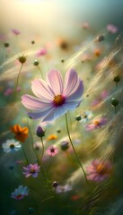 A macro, photorealistic image of a delicate cosmo surrounded by wildflowers blowing in a gentle breeze in a sunny, soft-focus meadow in Mexico. The cosmo is in full bloom with direct, late summer ligh