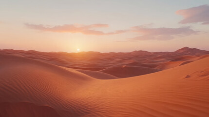Naklejka premium Rolling golden desert dunes under the warm light of the setting sun, showcasing the vastness and beauty of the desert landscape.