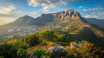 Obraz premium A panoramic view of Table Mountain from Cape Town, showcasing its iconic flat summit and the cityscape below