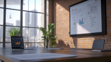 Business plan presentation with a projector and charts, illustrating company vision