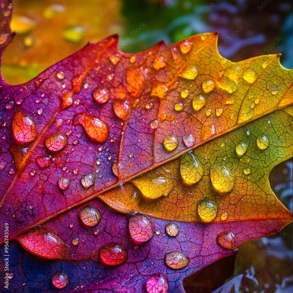 Poster Close-up of a vibrant autumn leaf covered in raindrops.