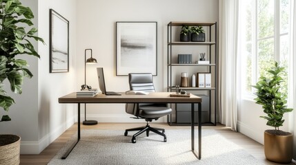Stylish home office in a modern residence with a sleek desk, ergonomic chair, and minimalist shelving, staged for a real estate marketing shoot
