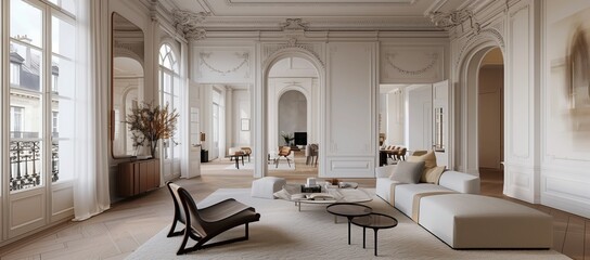 A luxury Parisian, all white, French Haussmann apartment, heritage interior with modern furnishings in Paris. Inspiring interior design.