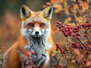 A fox is standing in a field of red berries. The fox is looking at the camera with a curious expression. Concept of curiosity and wonder about the fox's behavior and surroundings