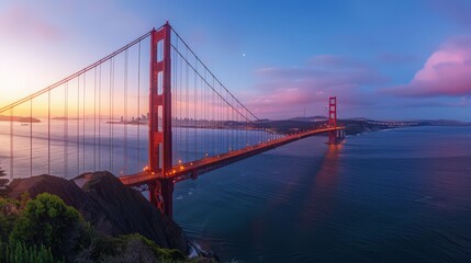 Obraz premium A panoramic view of the Golden Gate Bridge at sunrise, with the first light of day illuminating the iconic structure and the bay