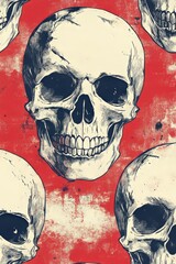 Illustration with creepy human and animal skulls. Pattern for wallpaper, fabric, textile. Background of painted animal and human bones.