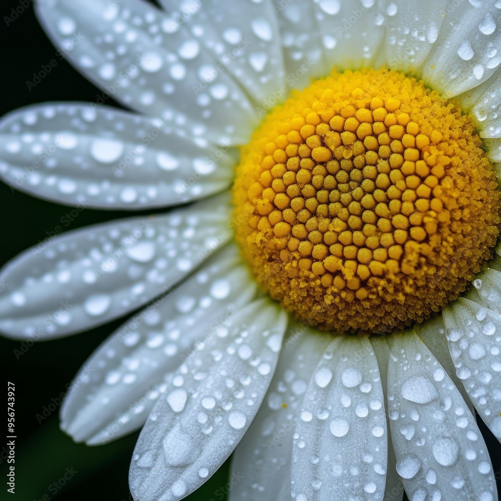 Sticker Close-up of a white daisy with water droplets on the petals.