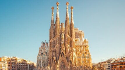A panoramic view of the Sagrada Familia's iconic spires against a clear blue sky,