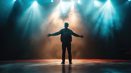 An actor performing a dramatic scene on stage under bright spotlighting.