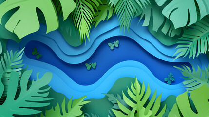 real sky blue River in Shape intestines in Green Jungle Forest top view in paper cut style