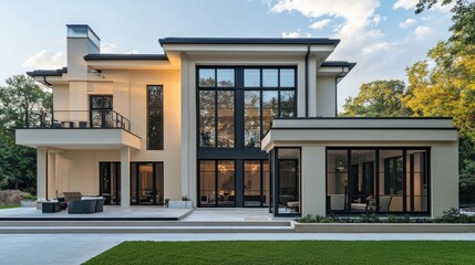 Fototapeta premium Stylish villa with cream-colored walls and black glass windows, showcasing a modern architectural style with a spacious front porch and minimal landscaping