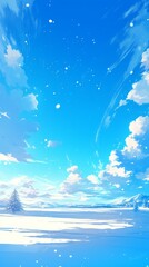 Snow scene during the day: Shows the snow scene under the sun, the snowflakes reflect the dazzling light, the whole world is covered with snow, fresh and bright colors, healing animation style 