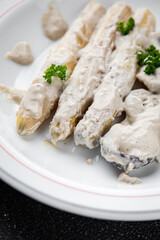 white asparagus in cream sauce fresh meal food snack on the table copy space food background rustic top view