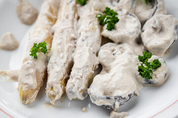 white asparagus in cream sauce fresh meal food snack on the table copy space food background rustic top view