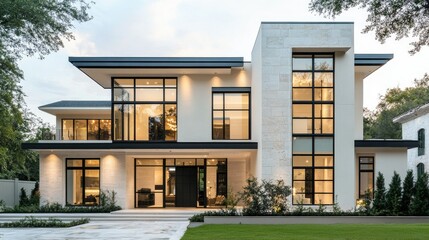 Fototapeta premium Two-story cream-colored house with modern architecture, black glass windows, and a stylish exterior, ideal for showcasing luxury real estate properties