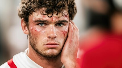 Rugby Player Being Assessed for Head Trauma and Concussion by Medical Staff on the Sports Field During a Competitive Match