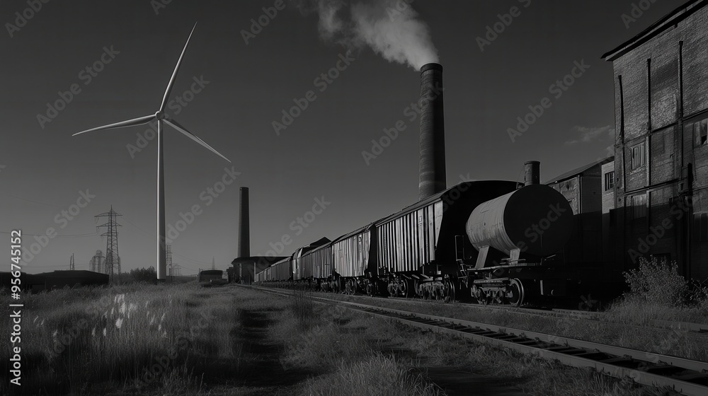 Aufkleber wind turbines stand tall near closed coal mines and old factories, representing a significant transi
