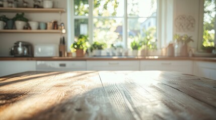 Wooden kitchen table in a bright, airy home with a soft bokeh background. Perfect for food displays, product photography, or tabletop banners.