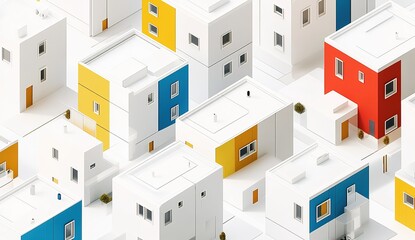 An isometric illustration of white buildings with blue, yellow, and red accents