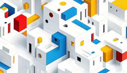An isometric illustration of white buildings with blue, yellow, and red accents