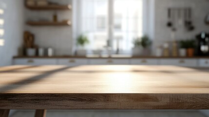 Wooden kitchen table with a blurred white interior and bokeh lighting. Ideal for dining setups, product placement, or as a backdrop for food visuals.