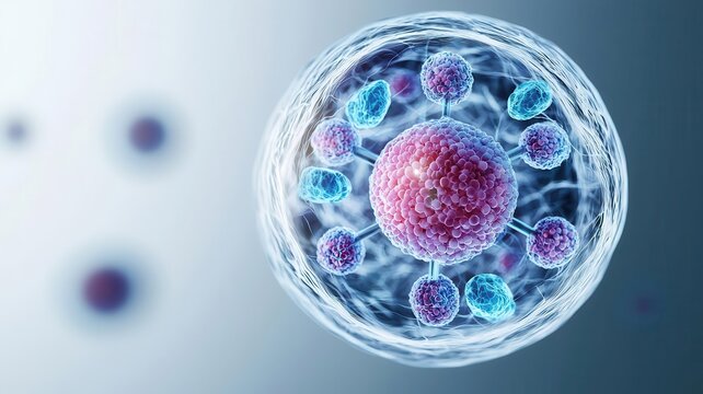 Stylized diagram of a cell s nucleus showing the nucleolus and surrounding organelles, educational content, cell biology