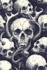 Illustration with creepy human and animal skulls. Pattern for wallpaper, fabric, textile. Background of painted animal and human bones.