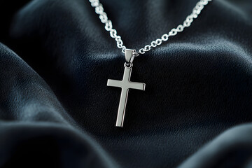 silver or stainless steel necklace with a cross pendant rests on a black cloth