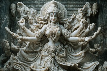 Fototapeta premium Navratri, the festival of the divine feminine, important festivals of Shaktas and Hindus. The tenth day, the culmination of the holiday, the day of Durga's victory over demons forces of evil